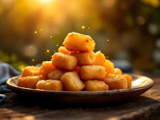 Golden fried potato tater tots stacked on a plate.