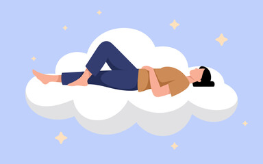 A serene illustration of a person lying peacefully on a fluffy cloud against a soft blue background, conveying a feeling of tranquility and comfort to viewers.