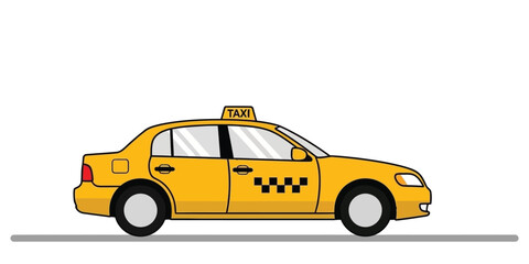 Fototapeta premium Flat vector illustration of a classic yellow taxi cab. Side view of an urban public transportation vehicle isolated on a white background