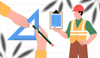 A professional construction worker in a safety helmet holding blueprints, highlighting the construction industry’s precision and planning aspects in a dynamic working environment.