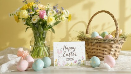 Cheerful easter 2026 celebration with colorful eggs and floral decor for festive design