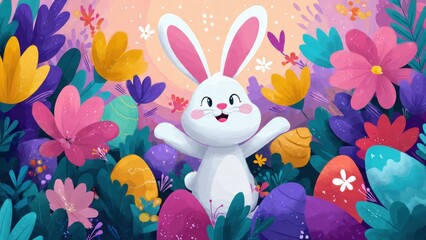 Cheerful easter bunny amidst colorful eggs and flowers in a vibrant spring setting