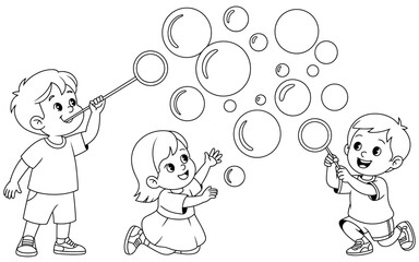 A joyful scene featuring two children playing with bubbles, capturing the essence of childhood fun and carefree moments in a bright and cheerful outdoor setting.