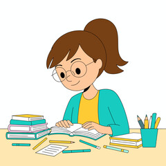 A studious girl attentively reading a book while surrounded by stacks of literature and study supplies, embodying focus, learning, and academic dedication.