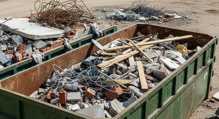 Garbage container with waste, with destroyed building materials and scrap metal, close-up on a construction site