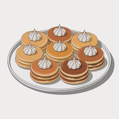 A stacked platter of delicious pancakes topped with fluffy whipped cream, appealing to breakfast lovers and anyone with a sweet craving for brunch or dessert.