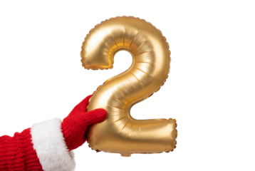 Hand in red Santa glove holding gold number two balloon on white background, festive holiday decoration concept for countdown, birthday age or New Year celebration