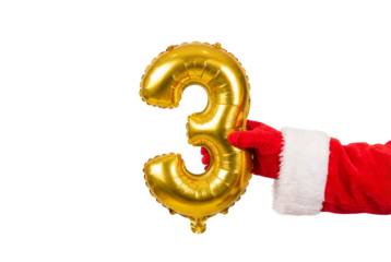 Hand in red Santa sleeve holding gold number three balloon on white background, festive countdown and holiday party decoration concept for Christmas promotions and seasonal marketing