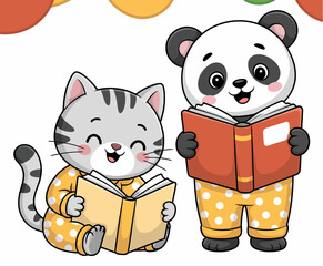 An adorable scene showcasing a cat and a panda wearing pajamas, both engrossed in reading books, capturing the essence of friendship and the joy of stories.