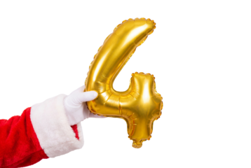 Hand in Santa sleeve holding gold number four foil balloon on white background, festive holiday countdown and Christmas party decoration concept