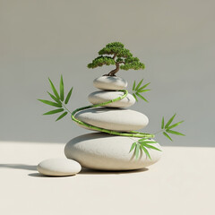 3D Silhouette of Stacked Stones with Bamboo Leaves and Bonsai Tree on Beige Background