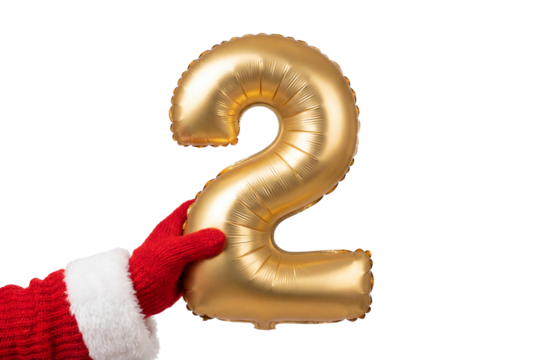Hand in red Santa glove holding gold number two balloon on white background, festive holiday decoration concept for countdown, birthday age or New Year celebration