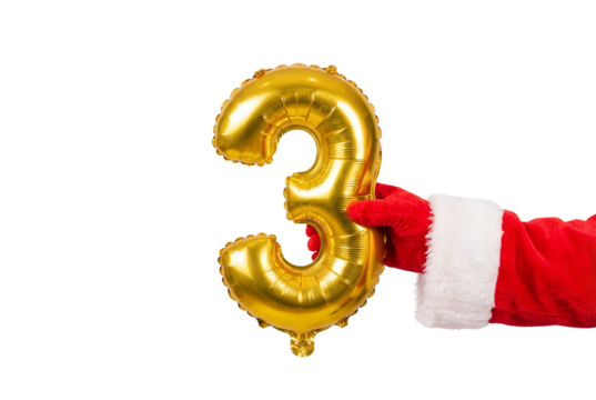 Hand in red Santa sleeve holding gold number three balloon on white background, festive countdown and holiday party decoration concept for Christmas promotions and seasonal marketing