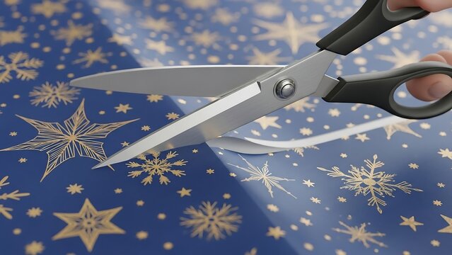 Cutting wrapping paper with scissors for Christmas gifts.