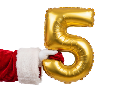 Hand in red velvet sleeve holding gold number five foil balloon on white background, festive holiday celebration and countdown concept for Christmas party decor and New Year event