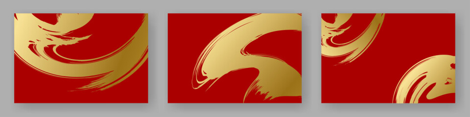 筆で描いた金色と赤色の和風背景素材のセット