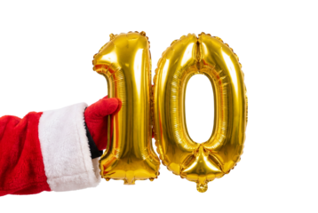 Hand in red and white festive sleeve holding gold number ten balloons on white background, holiday countdown and celebration concept for Christmas party or New Year event