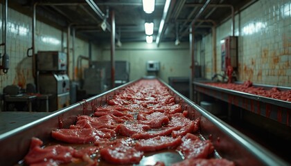 Raw meat slices move on conveyor belt in industrial processing plant. Bloody stainless steel table and machinery in a large factory. Meat production line with meat cuts in a food facility.
