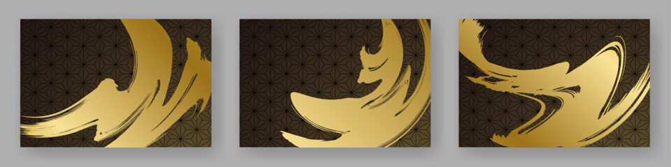 筆で描いた金色と黒色の和風背景素材のセット