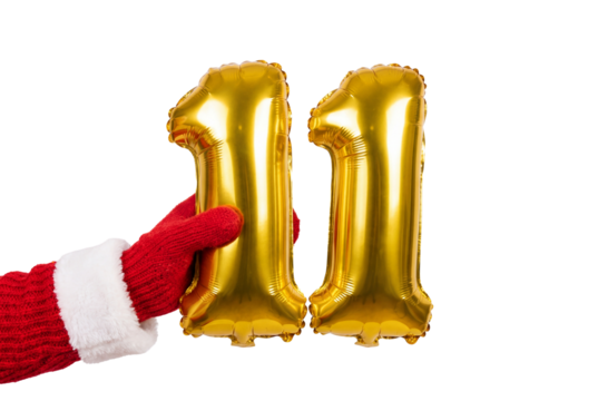 Hand in red winter glove holding gold number eleven balloons on white background, festive party decor for birthday anniversary and holiday countdown celebration