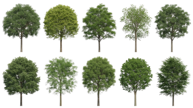 A collection of ten diverse green deciduous trees with varied foliage and canopy shapes, isolated against a dark transparent background, perfect for digital design. background removed
