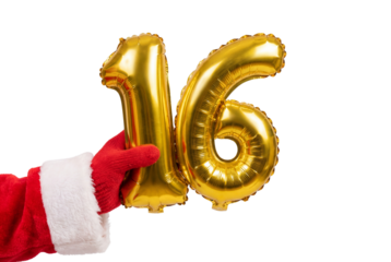 Hand in red Santa sleeve holding gold number 16 foil balloons on white background, festive holiday greeting for sixteenth birthday or anniversary celebration and seasonal party decor