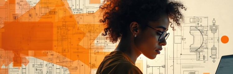 Young Black woman works on laptop with futuristic blueprint overlay. Diverse student engages in STEM study, digital learning, and design innovation.