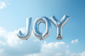 Shiny silver foil balloons spelling JOY floating against blue sky and soft clouds. Uplifting minimal holiday celebration concept with copy space.