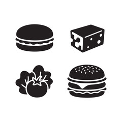 Black vector icons representing popular food ingredients and a cheeseburger sandwich.