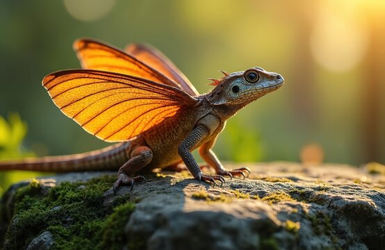 Small flying lizard rests on mossy rock under warm sunlight. Vibrant golden wings glow beautifully. Wild reptile explores natural jungle environment. Animal enjoys morning sun on tropical tree