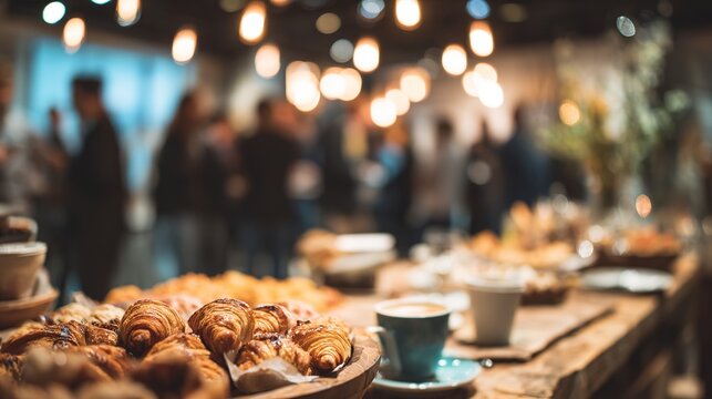 Close-up of pastry and coffee cups on a buffet table with a blurred background where a networking event or conference is taking place in a modern space with warm lighting
