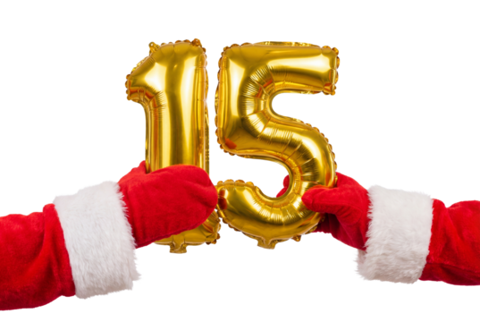 Santa-themed hands holding gold foil balloons forming number 15 on white background, festive countdown and holiday celebration concept for Christmas party decor and winter promotions