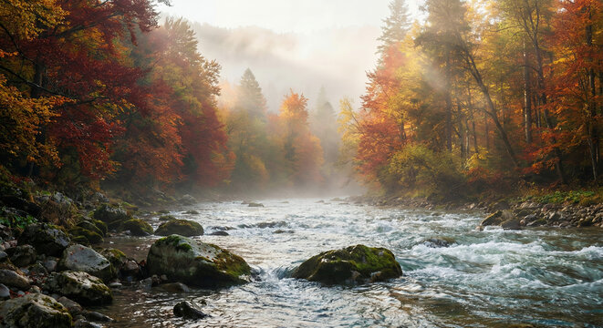 Scenic Autumn River Flowing Through Misty Forest with Vibrant Fall Foliage and Sunrise
