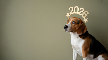 Adorable beagle dog anticipates a joyful 2026 with festive headwear, great for pet product marketing, veterinarian promotions, and calendar designs