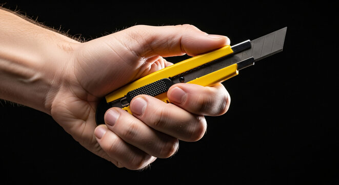 Hand holding a bright yellow utility knife, perfect for DIY enthusiasts, construction, or workshop projects requiring precision cutting and professional tools