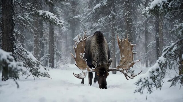 &Eacute;lan majestueux dans une for&ecirc;t hivernale enneig&eacute;e