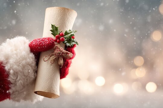 Santa's hand red mitten holding vintage scroll festive decorations holly berries string blurred winter background snow bokeh lights - Powered by Adobe