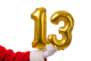 Hand in white glove holding gold balloon numbers 13 against white background, festive celebration concept for thirteenth birthday or anniversary during winter holiday season