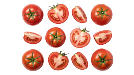 A vibrant collection of whole and perfectly sliced red tomatoes, showcasing their fresh appearance and juicy interiors, ready for culinary use. background removed