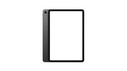 Dark grey tablet, blank green screen, slightly angled, revealing rear camera and sleek design. Modern digital device on transparent background. background removed