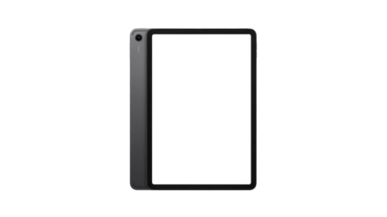 Dark grey tablet, blank green screen, slightly angled, revealing rear camera and sleek design. Modern digital device on transparent background. background removed