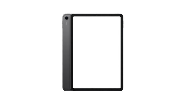Dark grey tablet, blank green screen, slightly angled, revealing rear camera and sleek design. Modern digital device on transparent background. background removed