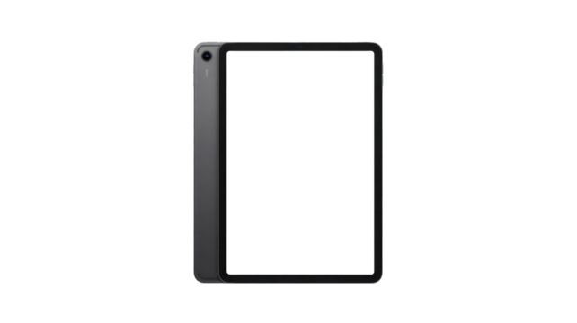 Dark grey tablet, blank green screen, slightly angled, revealing rear camera and sleek design. Modern digital device on transparent background. background removed