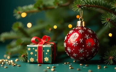 Tree pine green christmas merry xmas ball shiny red golden star gift train gift box object happy new year 2024 2025 2026 time season winter december surprise wrapping lifestyle holiday event party toy