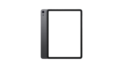 Dark gray tablet resembling an iPad, shown with a blank green screen, perfect for digital mockups and showcasing content. background removed