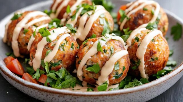 Herbed chickpea croquette and chicken meatball with parsley, tomato and creamy sauce