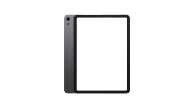 Dark gray tablet resembling an iPad, shown with a blank green screen, perfect for digital mockups and showcasing content. background removed