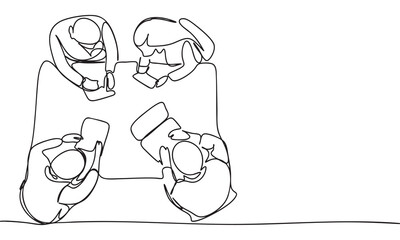 Continuous line drawing of a team meeting from an overhead perspective