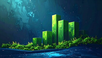 Abstract, stylized graphic featuring green, blocky shapes set on a mossy surface, under a dark, textured sky. The composition gives a magical feel