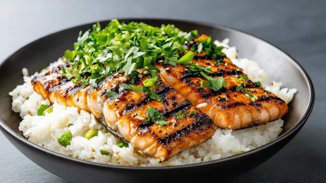 Grilled salmon fillet over steamed rice with herb parsley, glazed savory fillet and peas